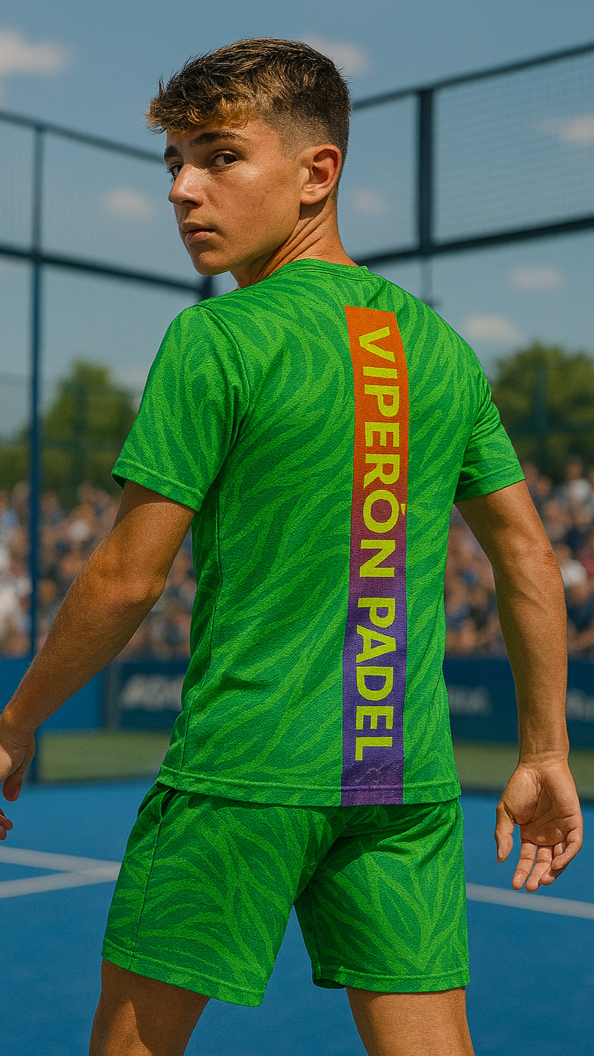 Person wearing a green sports outfit with 'Viperon Padel' branding on a tennis court.